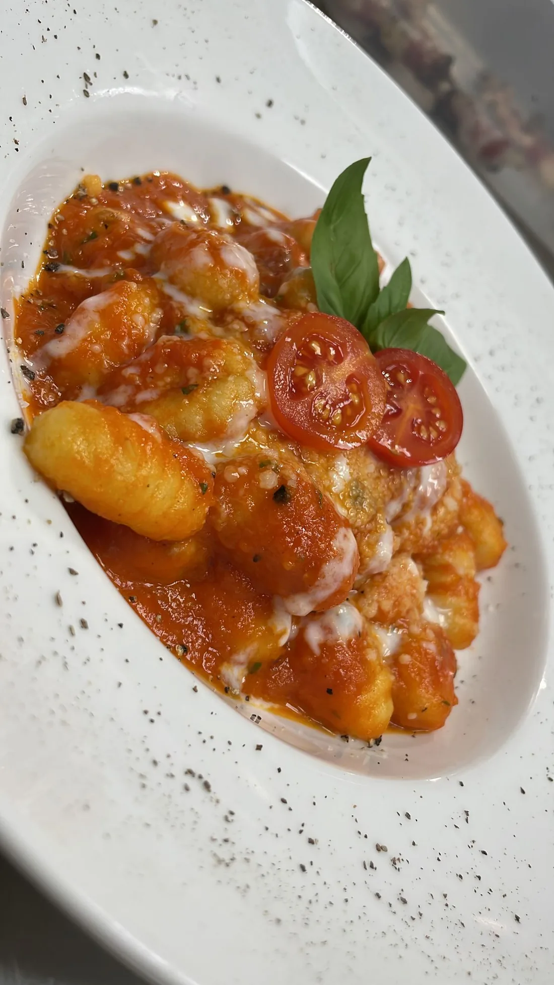Gnocchi con salsa de tomate, queso fundido, tomate cherry y una hoja de albahaca, en plato hondo