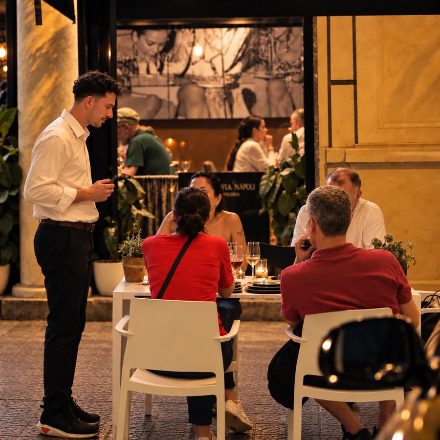 A waiter taking an order at a terrace table at night, with the lit dining room behind