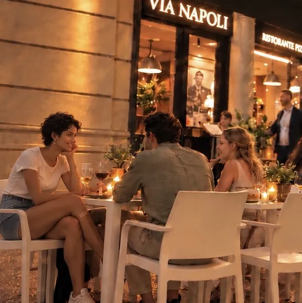 Three friends having dinner by candlelight on the terrace, under the Via Napoli sign