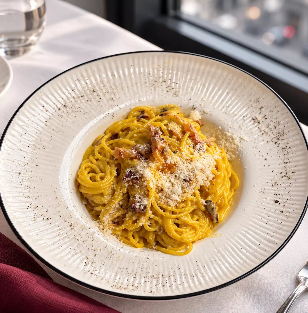 Spaghetti carbonara de Via Napoli, con guanciale y pimienta negra